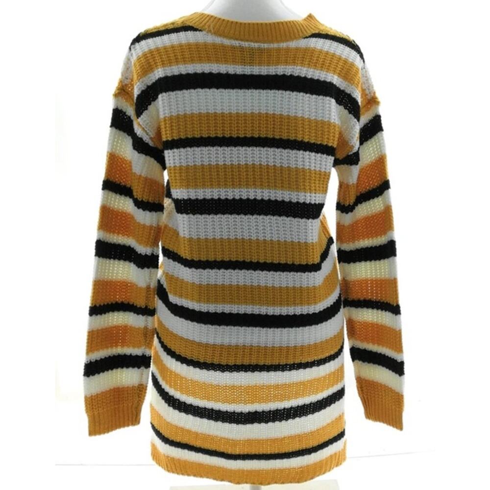 L.A. Gold Striped V Neck Sweater Large Mustard Black White Cozy Knit Pullover - Picture 3 of 4